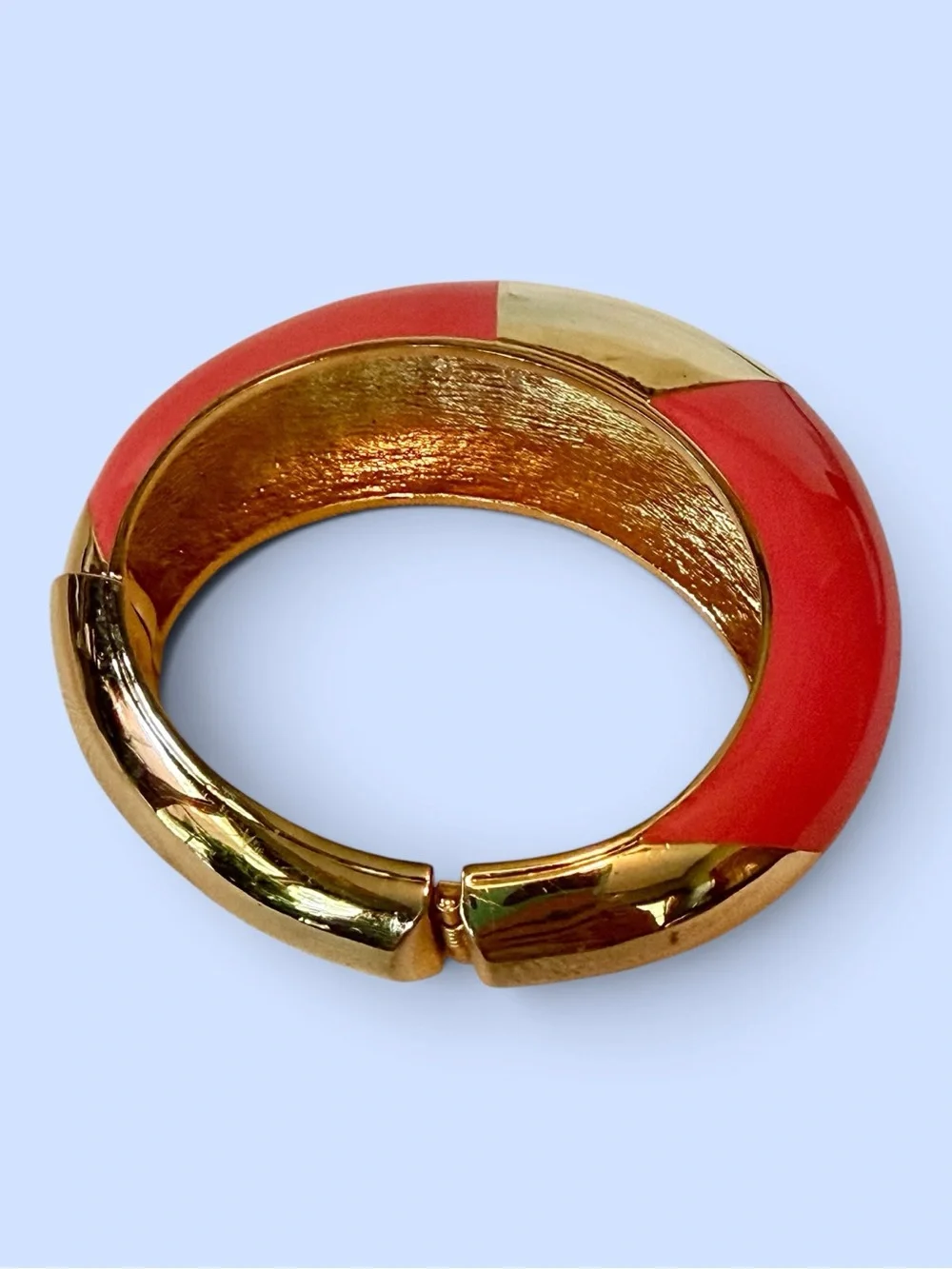 CC SKYE Coral Pink Enamel Gold Tone Hinged Statement Bangle Bracelet Marked